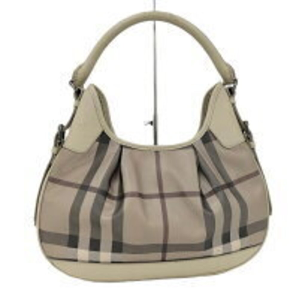 BURBERRY One Shoulder Hobo Bag Leather Coating Check Greige Gray